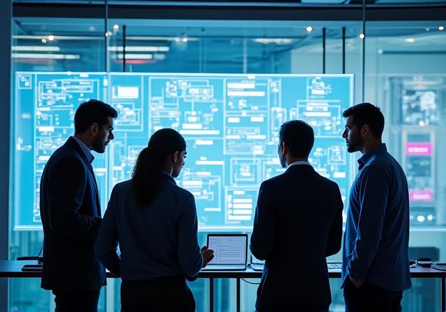 Engineering team collaborating on complex architectural diagrams